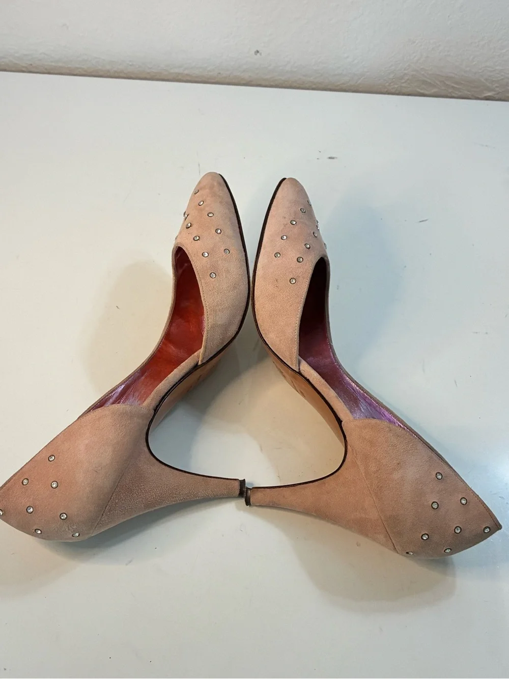 Garolini 10M Women’s Suede Pointed Toe Slip-On Rhinestone Pink Pumps Italy READ
